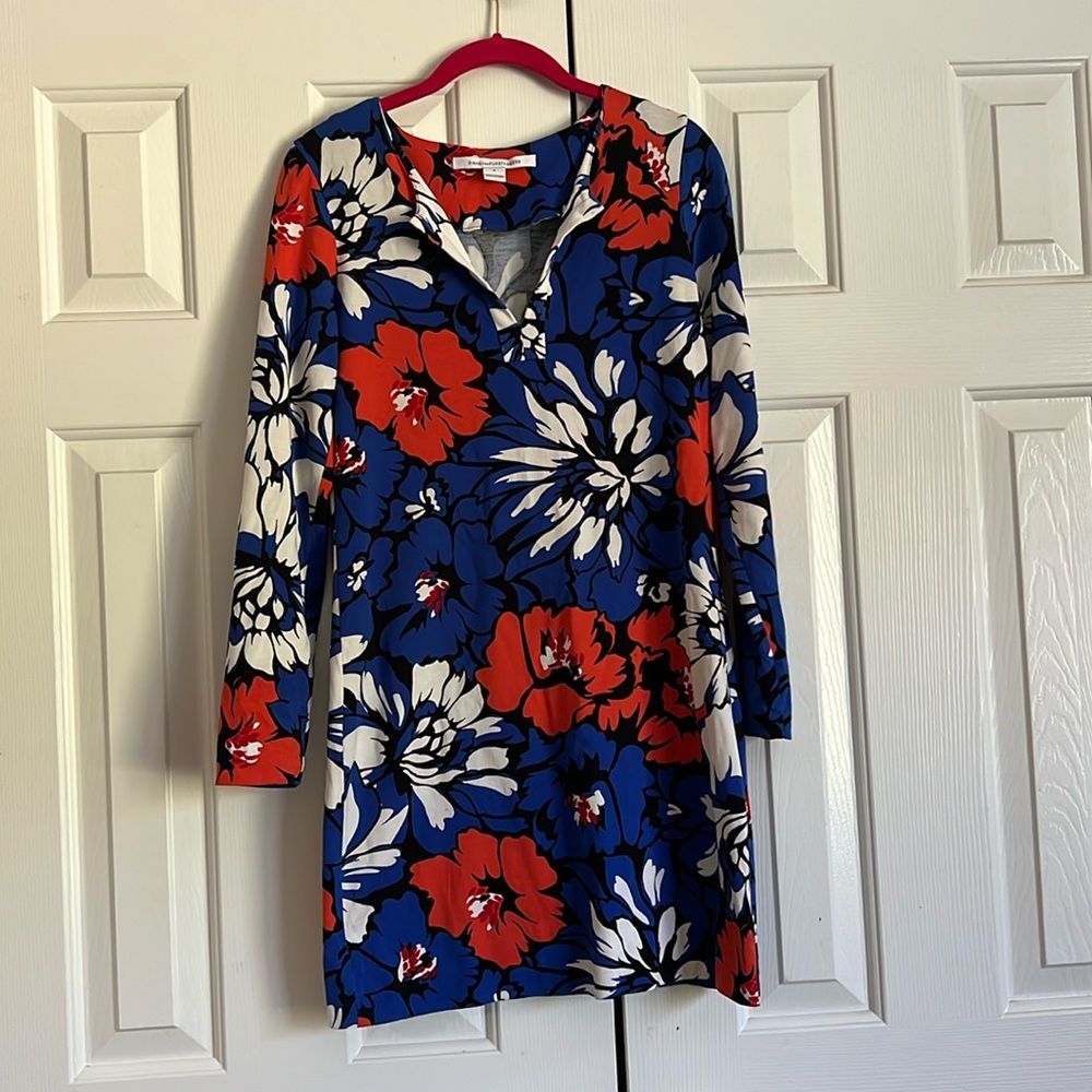 Diane Von Furstenberg Reina Silk & Cotton Red & Blue Floral Long Sleeve Dress